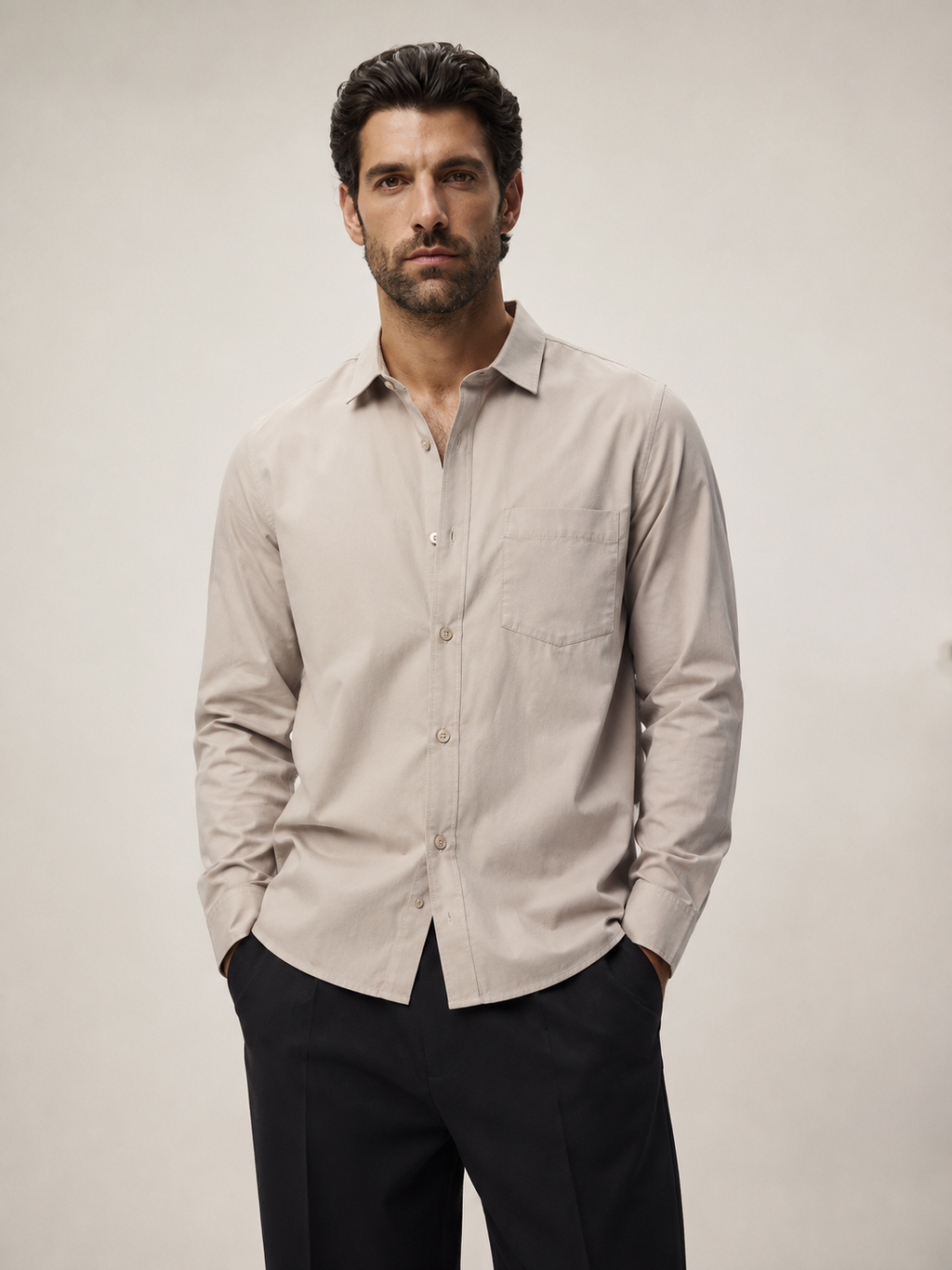 Men's Classic Cotton Long-Sleeve Shirt in Sand