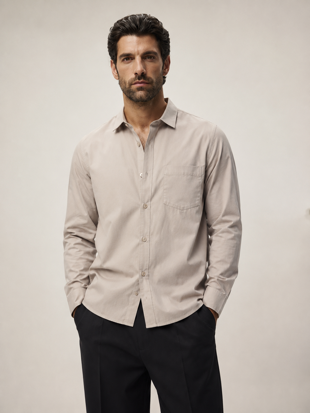 Men's Classic Cotton Long-Sleeve Shirt in Sand