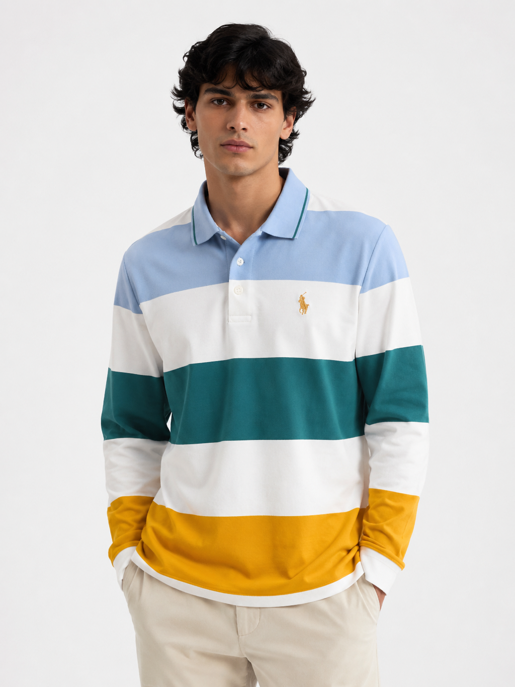 Retro Striped Cotton Full-Sleeve Rugby Polo