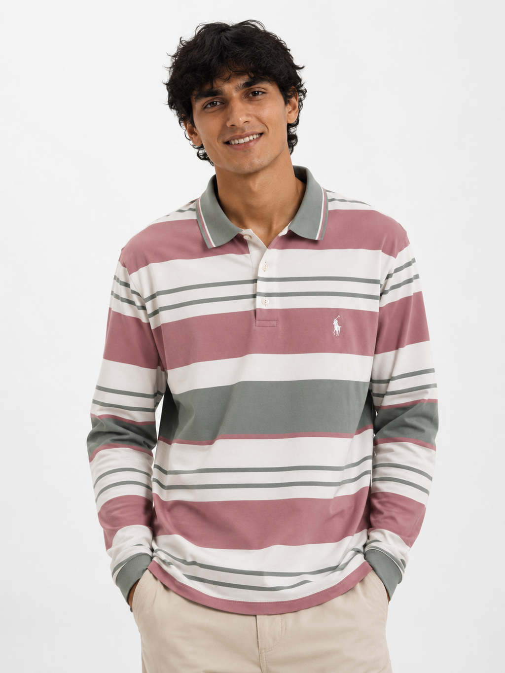 Dusty Pink & Olive Multi-Striped Long-Sleeve Polo