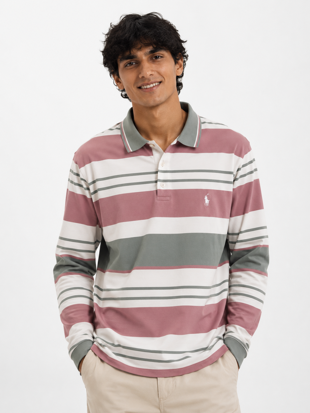 Dusty Pink & Olive Multi-Striped Long-Sleeve Polo