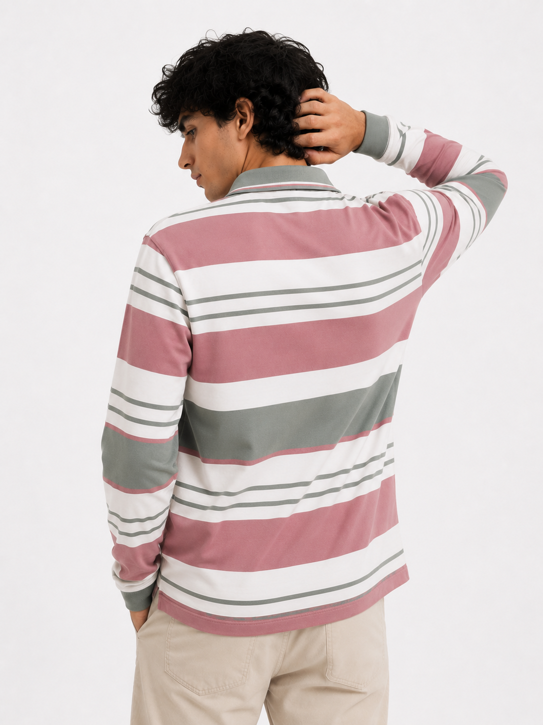 Dusty Pink & Olive Multi-Striped Long-Sleeve Polo