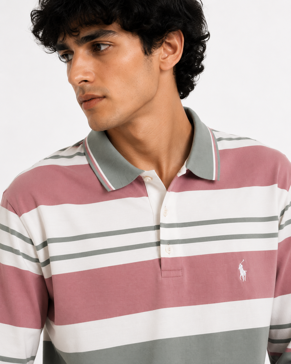 Dusty Pink & Olive Multi-Striped Long-Sleeve Polo