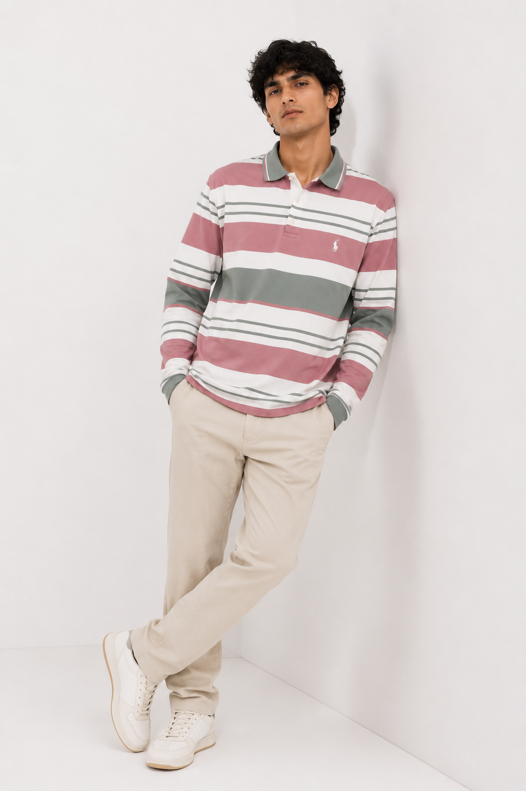 Dusty Pink & Olive Multi-Striped Long-Sleeve Polo