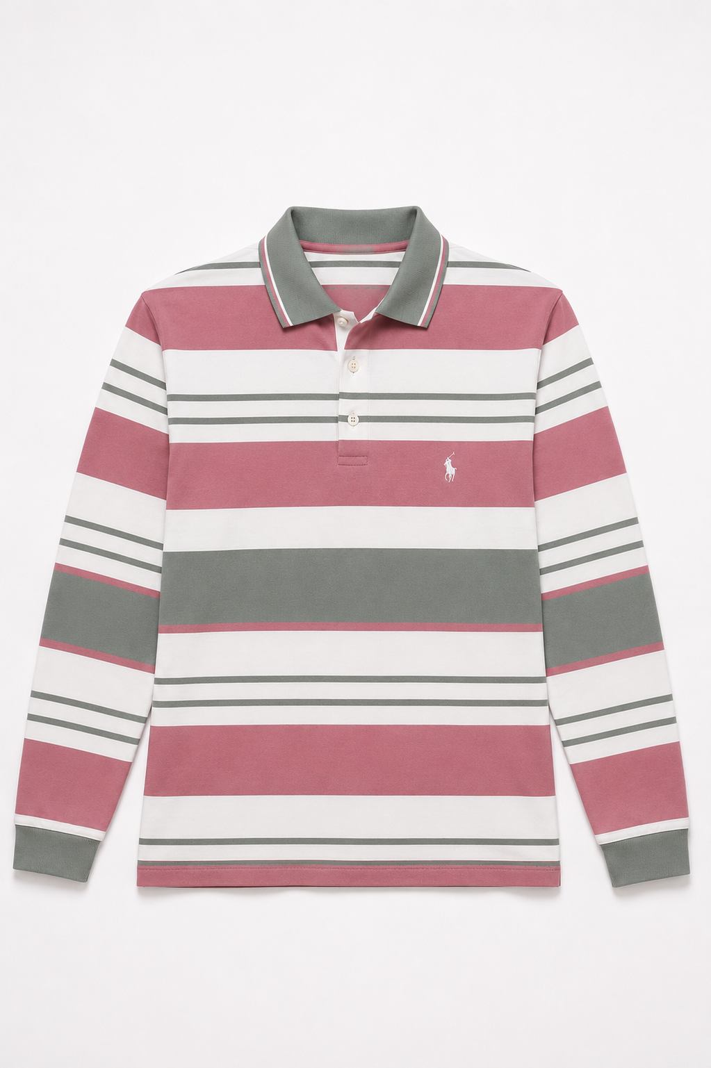 Dusty Pink & Olive Multi-Striped Long-Sleeve Polo