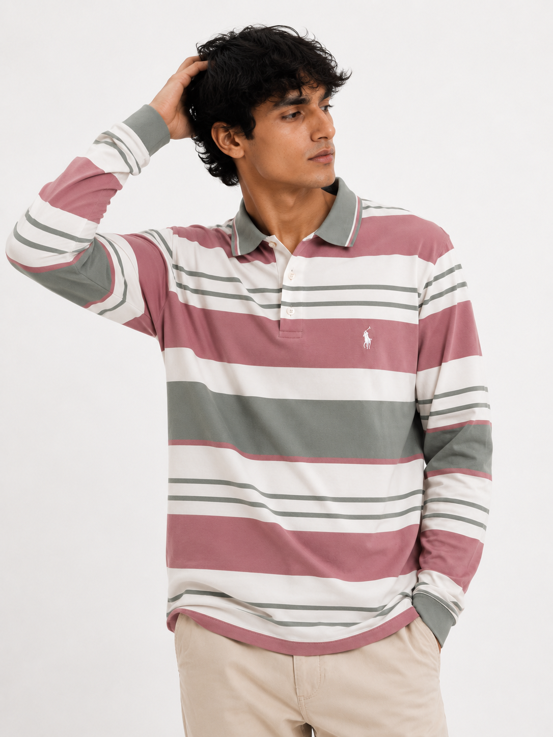Dusty Pink & Olive Multi-Striped Long-Sleeve Polo