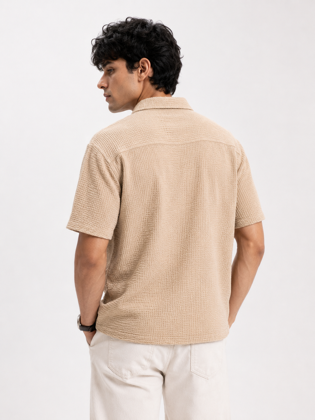 Men’s Textured Beige Short-Sleeve Resort Boxy Fit Shirt