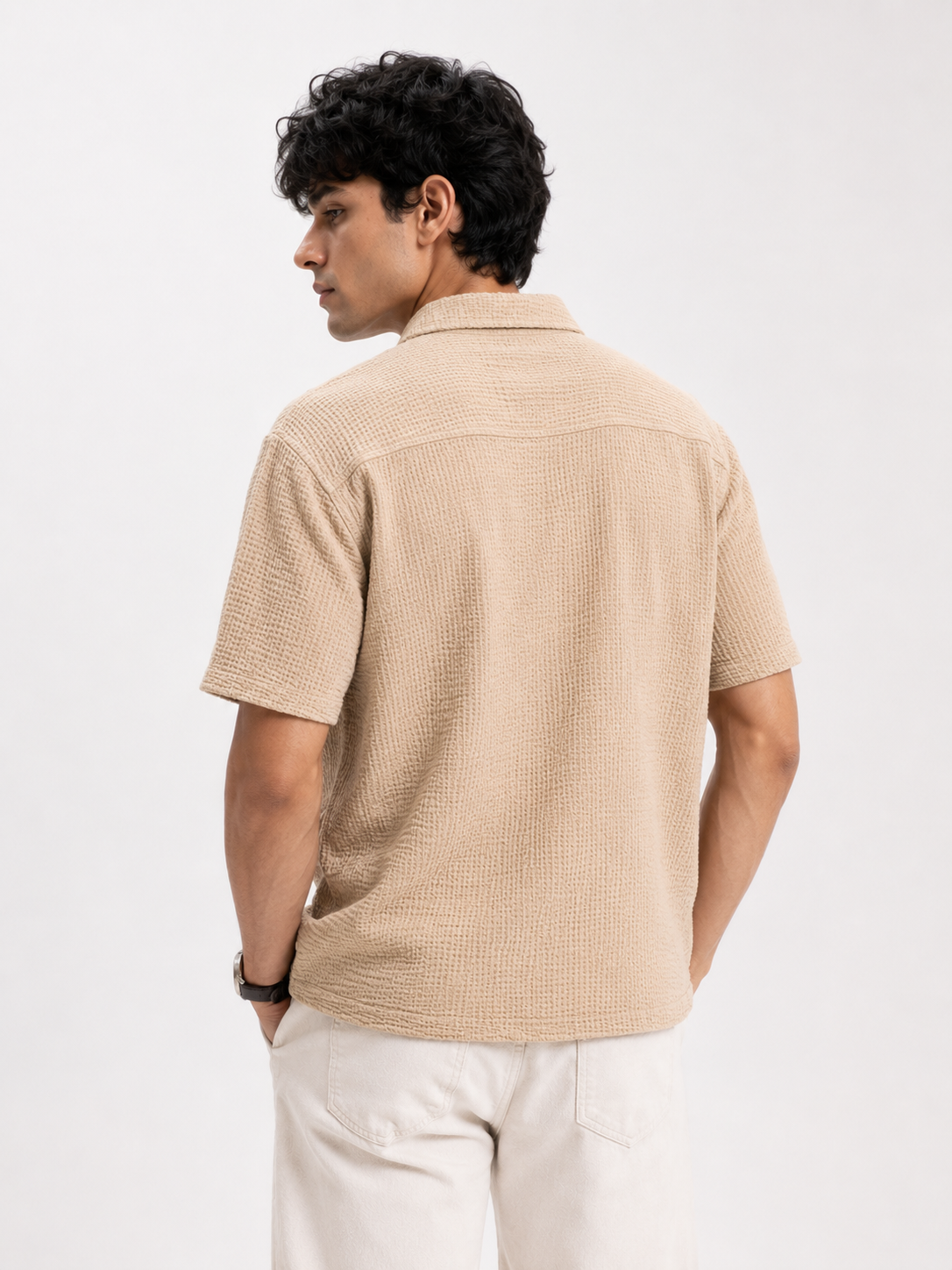 Men’s Textured Beige Short-Sleeve Resort Boxy Fit Shirt