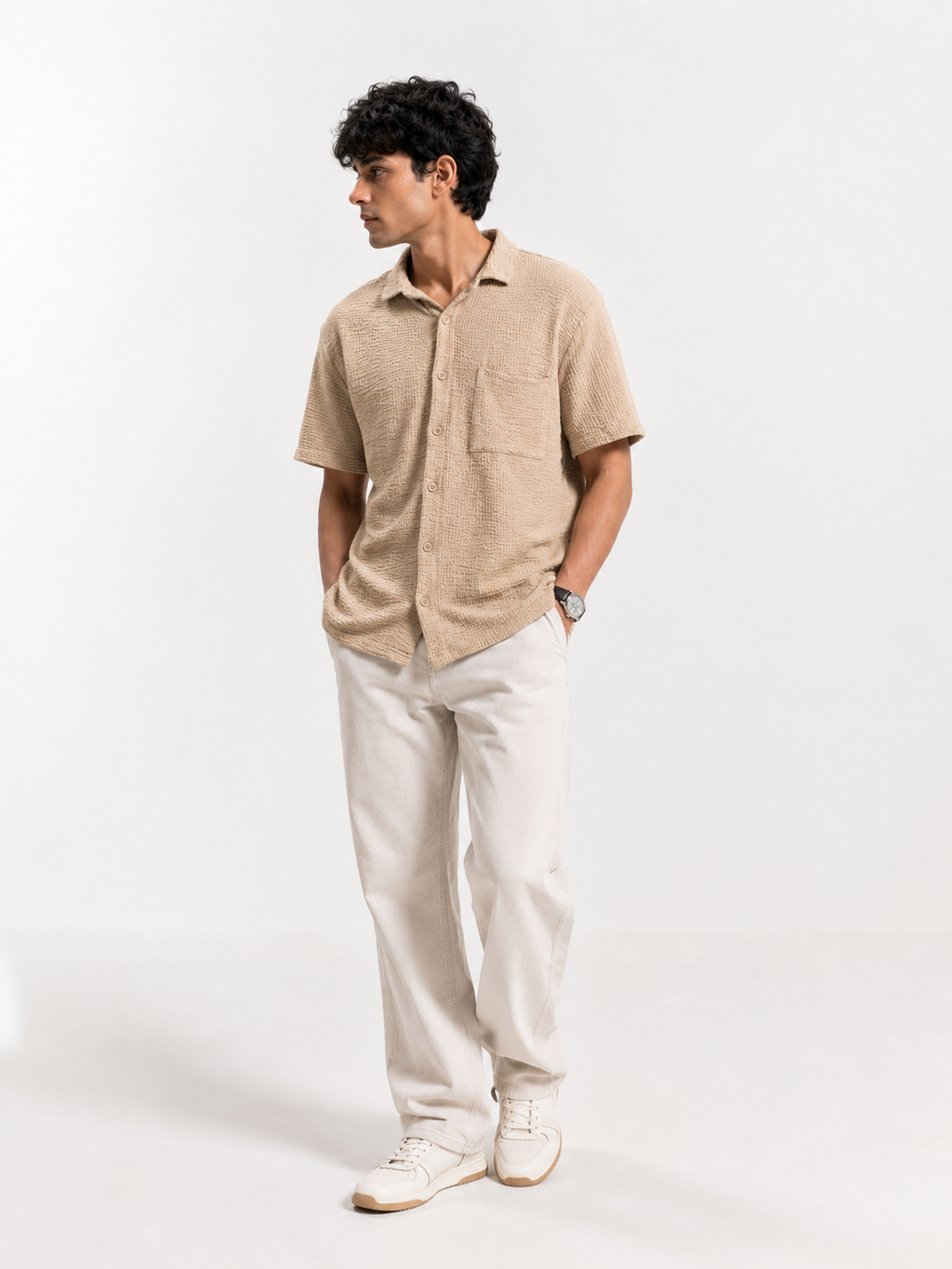 Men’s Textured Beige Short-Sleeve Resort Boxy Fit Shirt