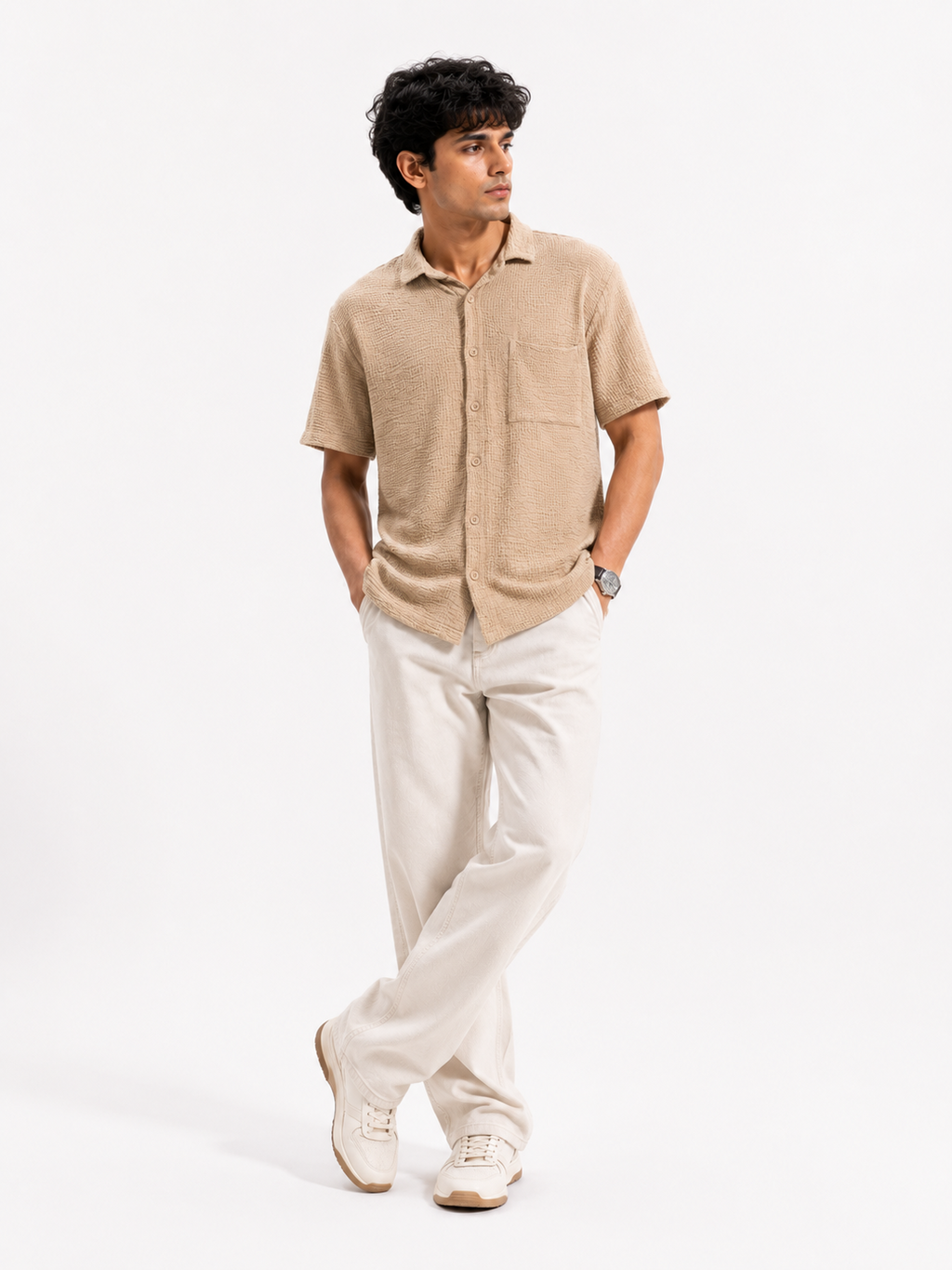 Men’s Textured Beige Short-Sleeve Resort Boxy Fit Shirt