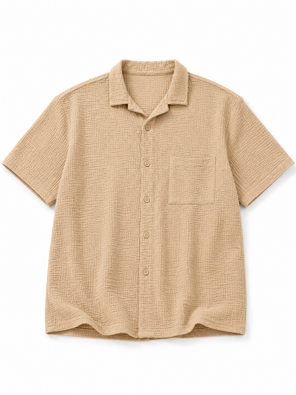 Men’s Textured Beige Short-Sleeve Resort Boxy Fit Shirt