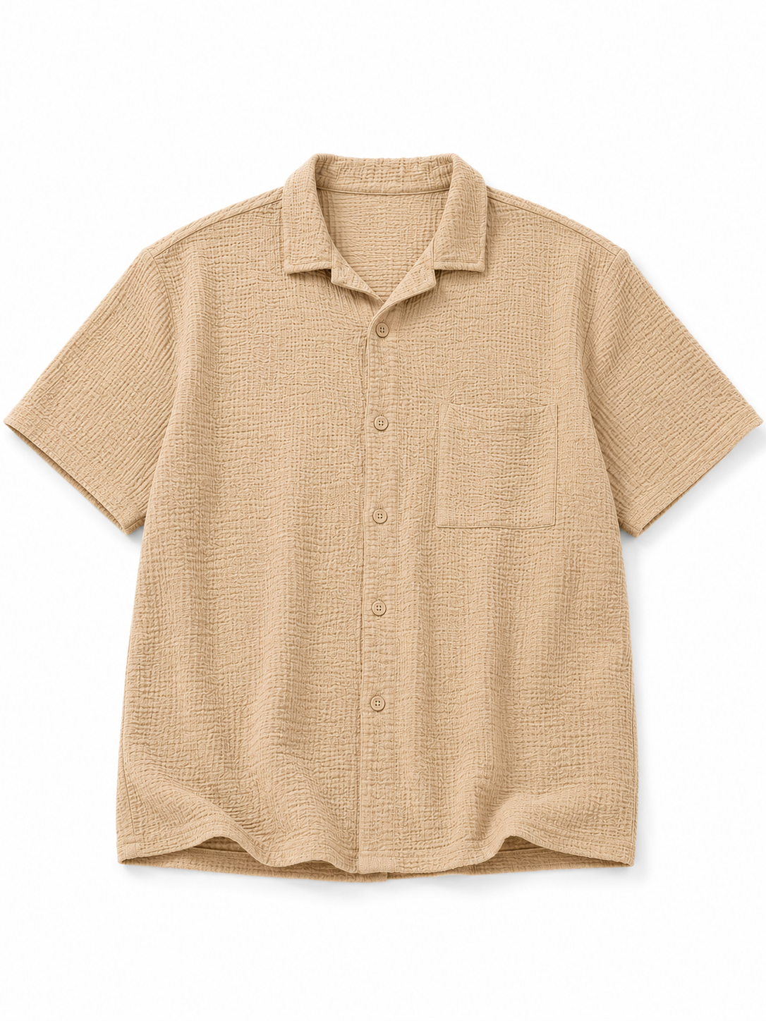 Men’s Textured Beige Short-Sleeve Resort Boxy Fit Shirt