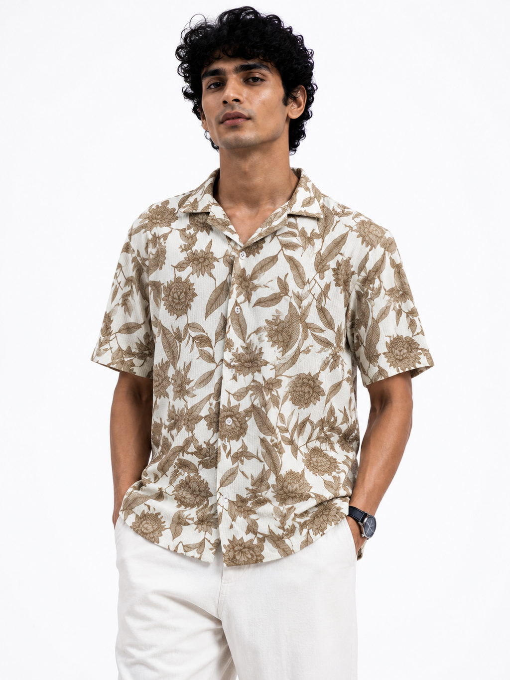 Men’s Off-White & Beige Floral Print Short-Sleeve Boxy Fit Shirt