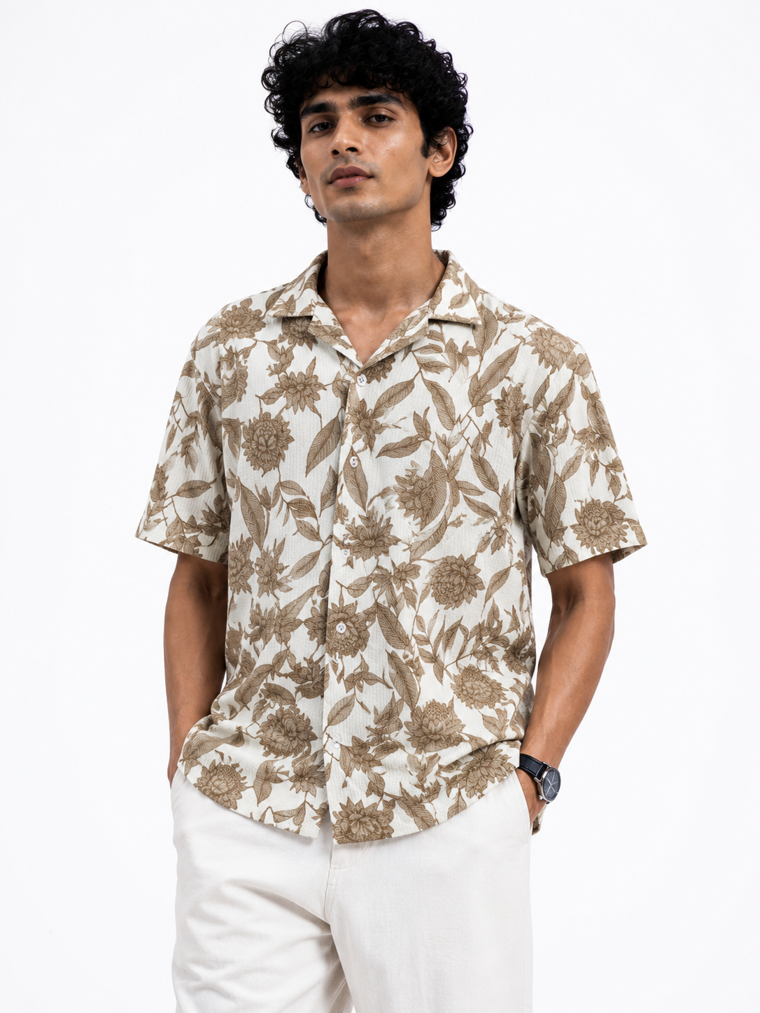 Men’s Off-White & Beige Floral Print Short-Sleeve Boxy Fit Shirt