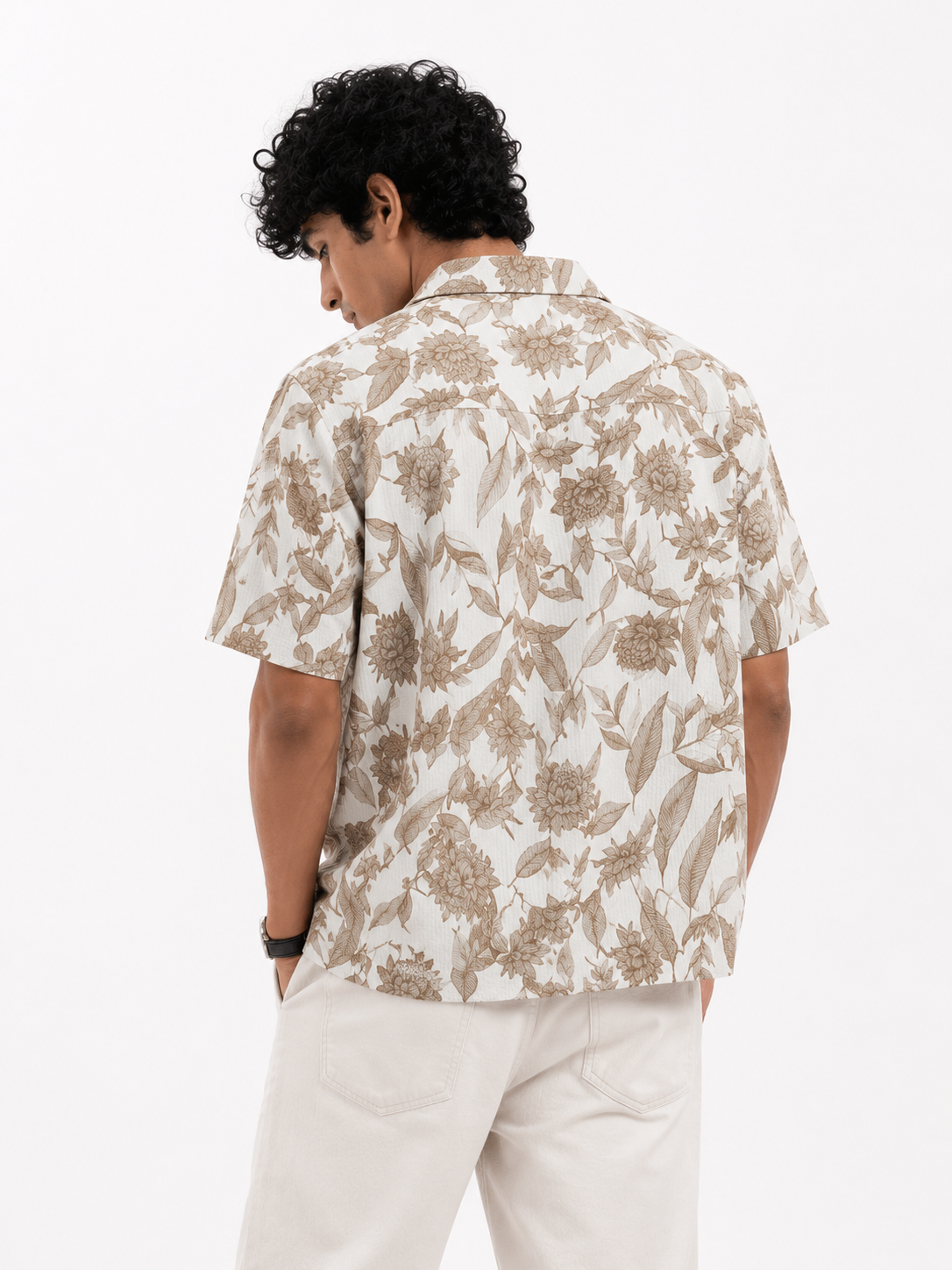 Men’s Off-White & Beige Floral Print Short-Sleeve Boxy Fit Shirt
