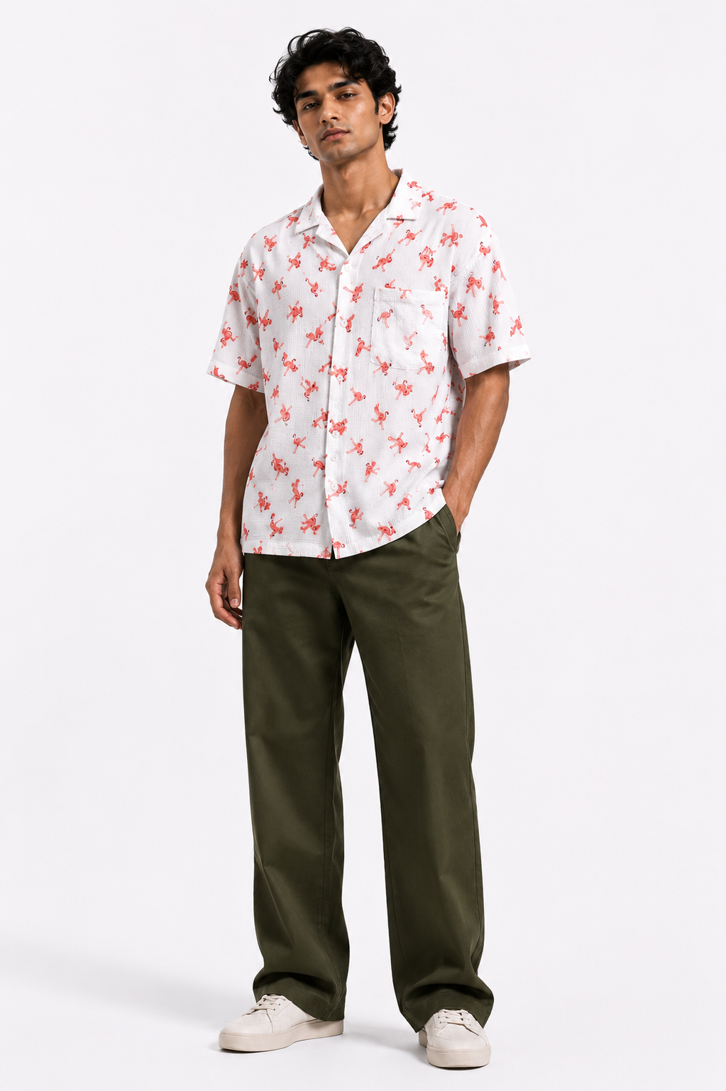 Men’s White & Pink Flamingo Printed Short-Sleeve Boxy Fit Shirt
