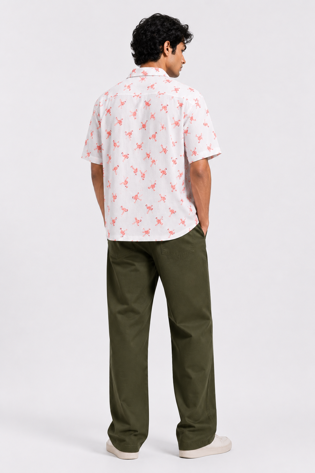 Men’s White & Pink Flamingo Printed Short-Sleeve Boxy Fit Shirt
