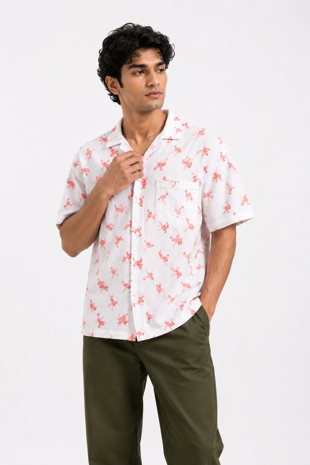 Men’s White & Pink Flamingo Printed Short-Sleeve Boxy Fit Shirt