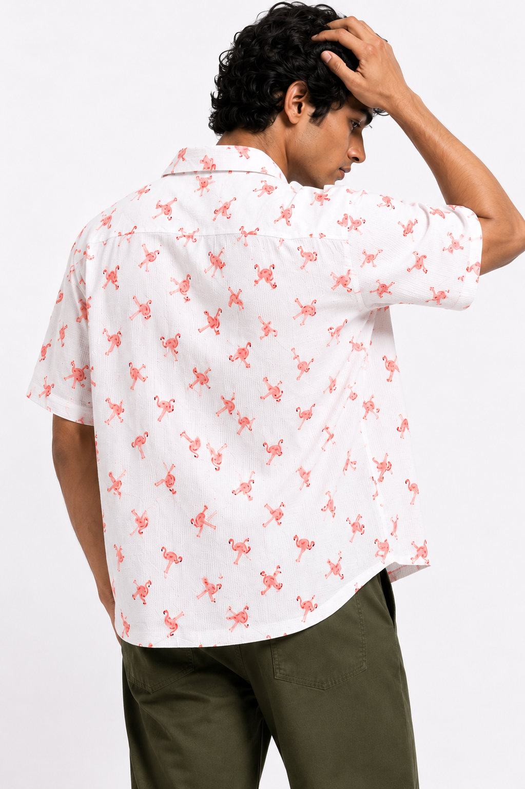 Men’s White & Pink Flamingo Printed Short-Sleeve Boxy Fit Shirt