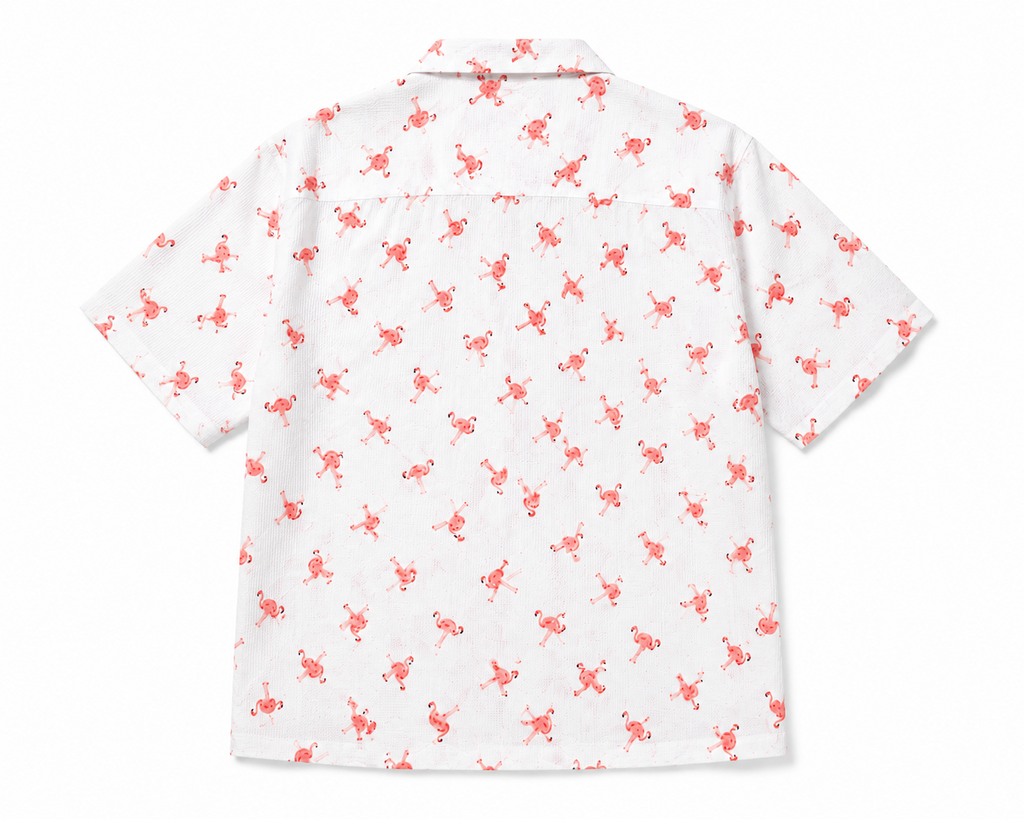 Men’s White & Pink Flamingo Printed Short-Sleeve Boxy Fit Shirt