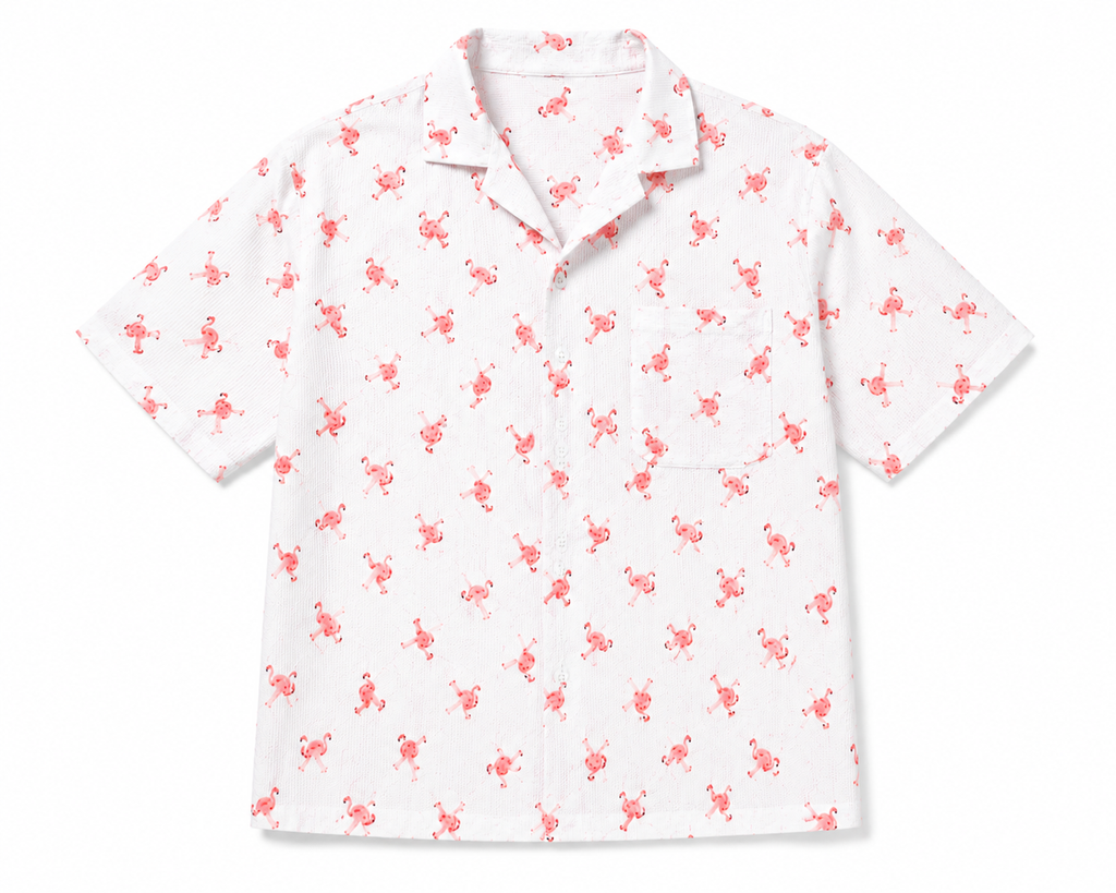 Men’s White & Pink Flamingo Printed Short-Sleeve Boxy Fit Shirt