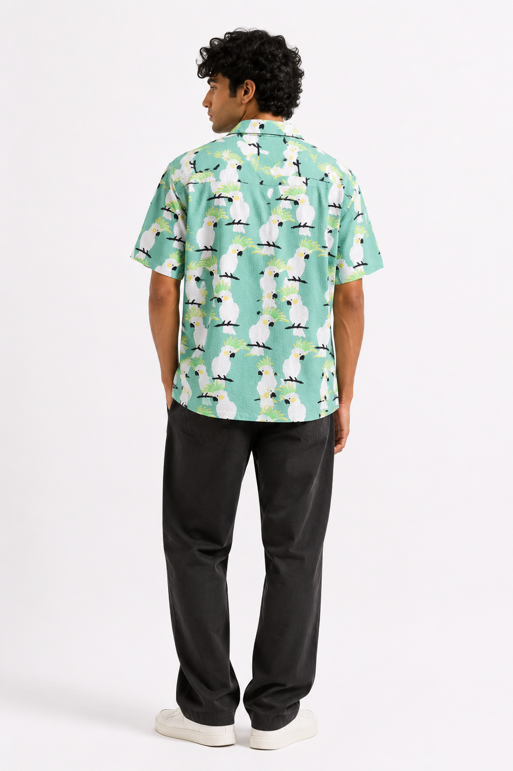 Men’s Seafoam Green Cockatoo Print Short-Sleeve Boxy Fit Shirt