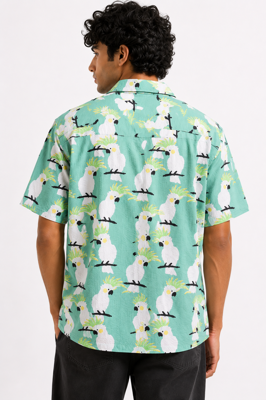 Men’s Seafoam Green Cockatoo Print Short-Sleeve Boxy Fit Shirt