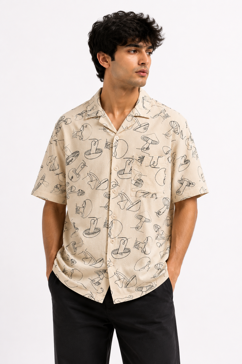 Beige Botanical Mushroom Print Cuban Collar Boxy Fit Shirt
