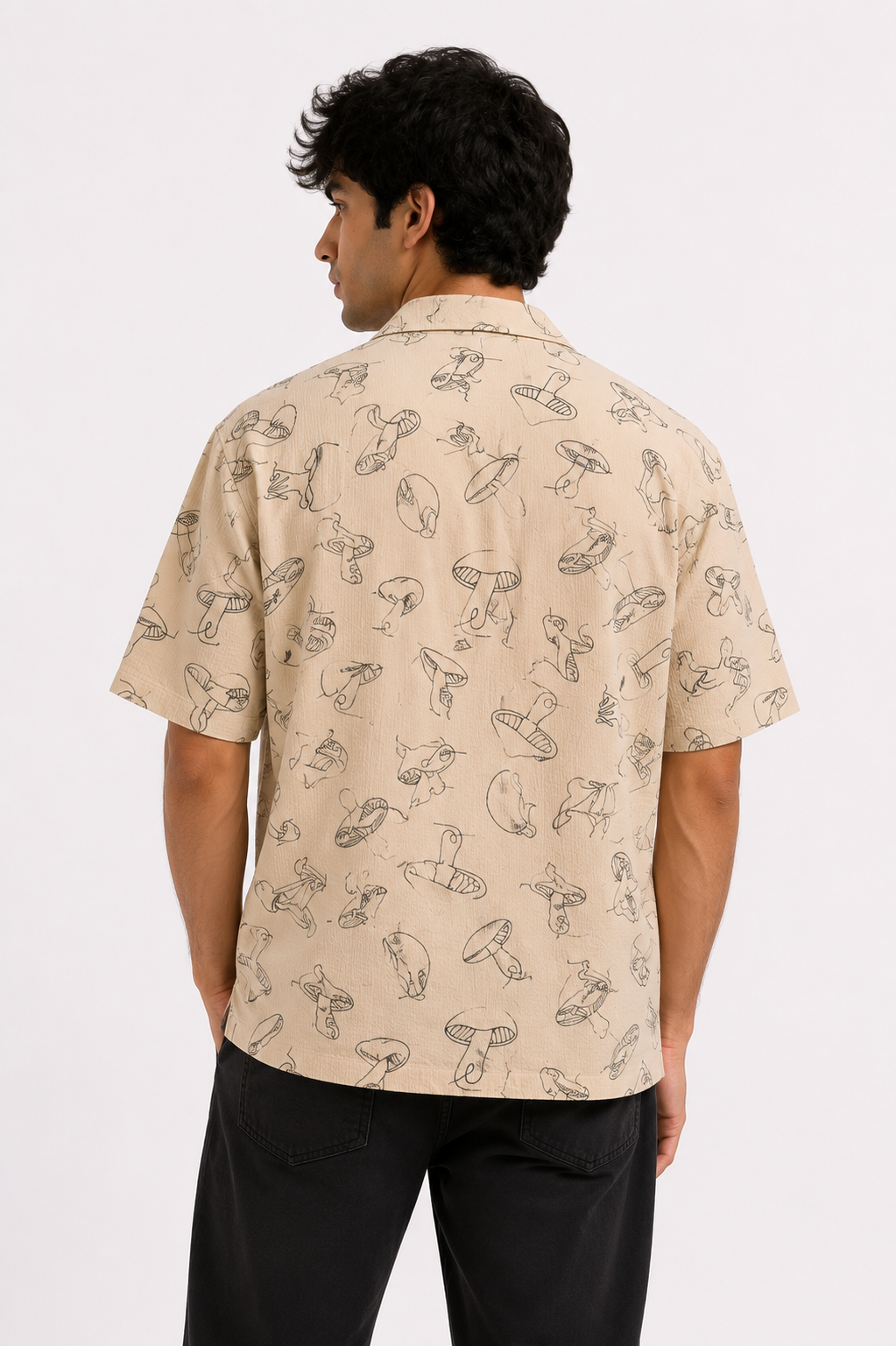 Beige Botanical Mushroom Print Cuban Collar Boxy Fit Shirt