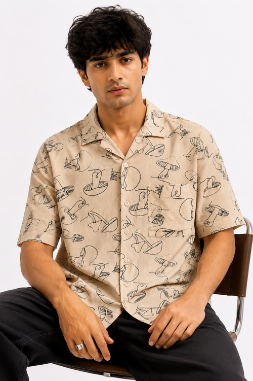 Beige Botanical Mushroom Print Cuban Collar Boxy Fit Shirt