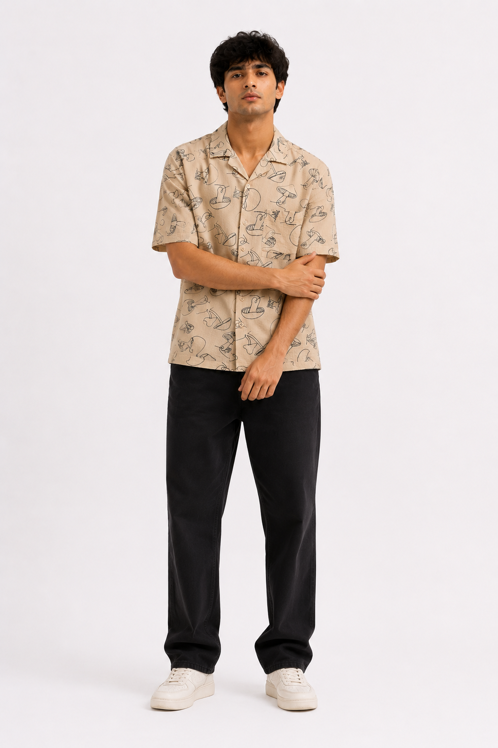 Beige Botanical Mushroom Print Cuban Collar Boxy Fit Shirt