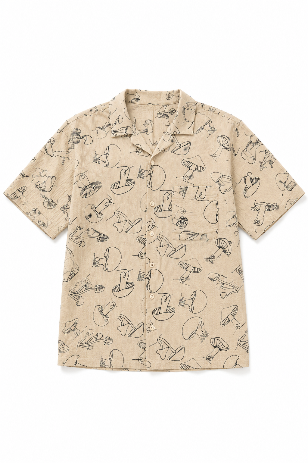 Beige Botanical Mushroom Print Cuban Collar Boxy Fit Shirt