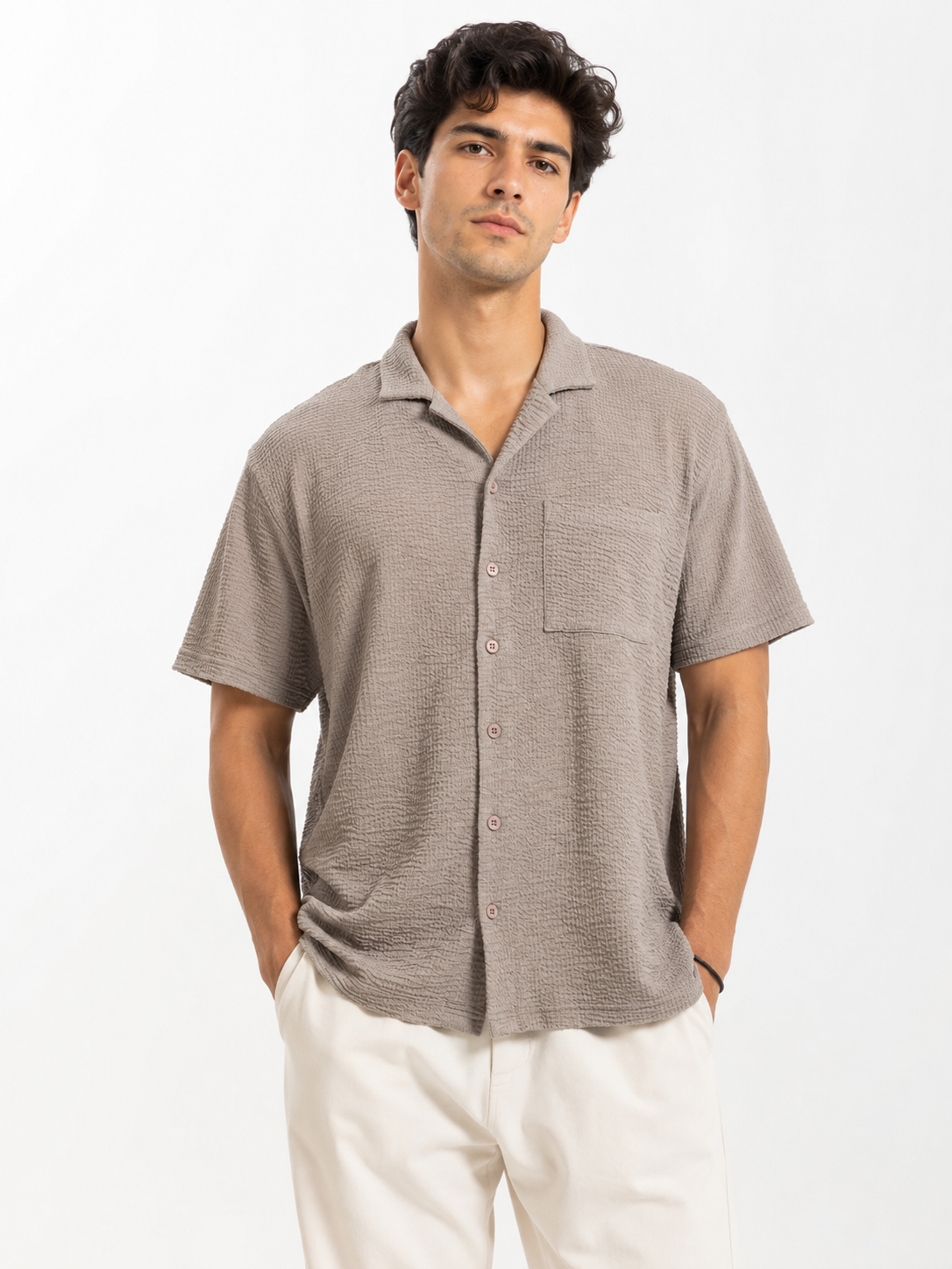 Men’s Mushroom Brown Textured Short-Sleeve  Boxy Fit Shirt