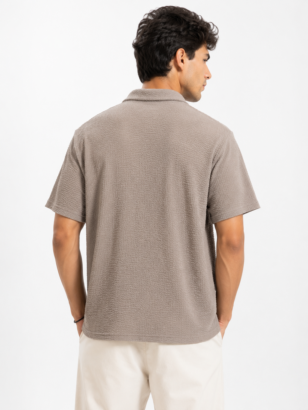 Men’s Mushroom Brown Textured Short-Sleeve  Boxy Fit Shirt
