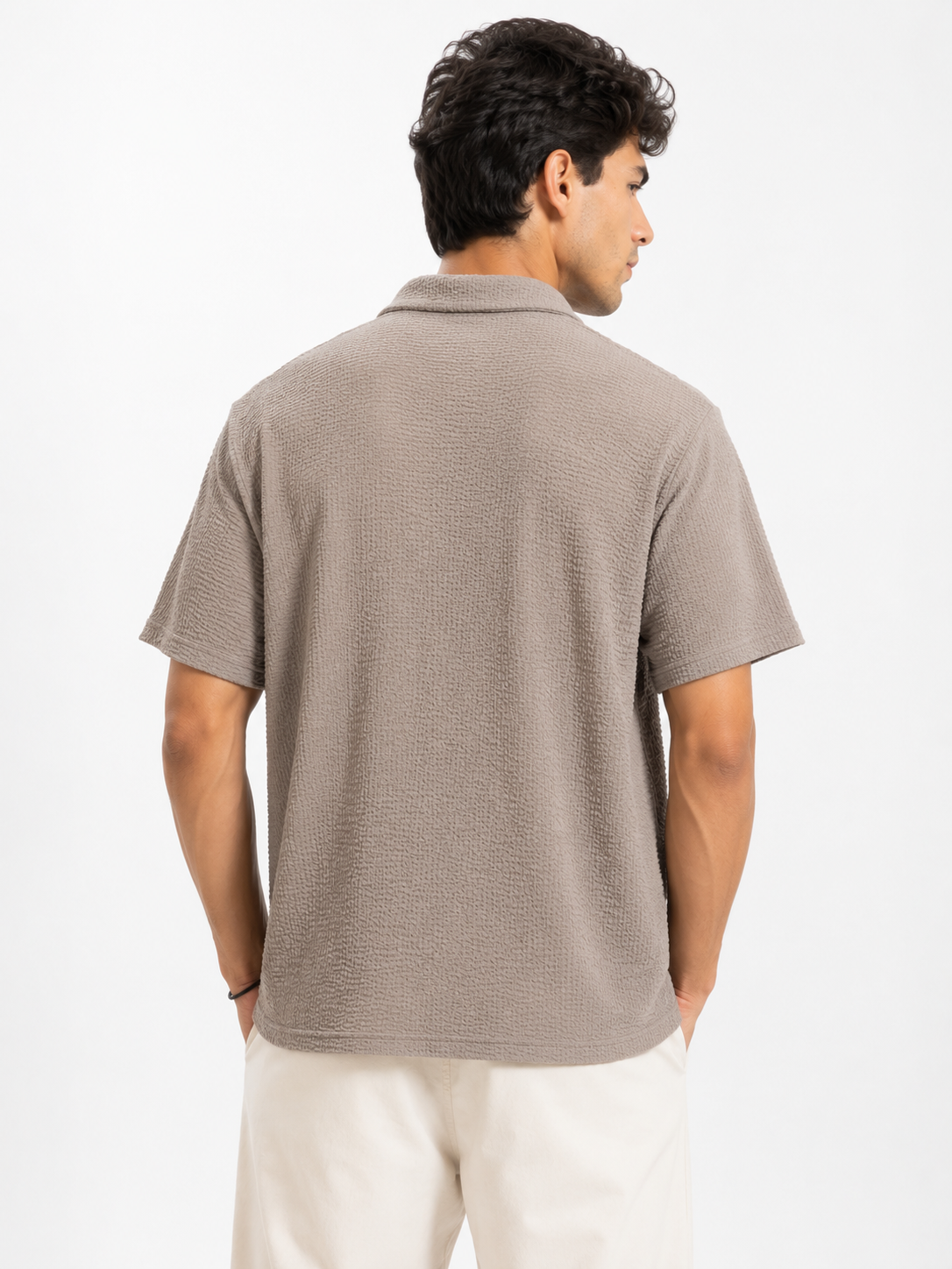 Men’s Mushroom Brown Textured Short-Sleeve  Boxy Fit Shirt