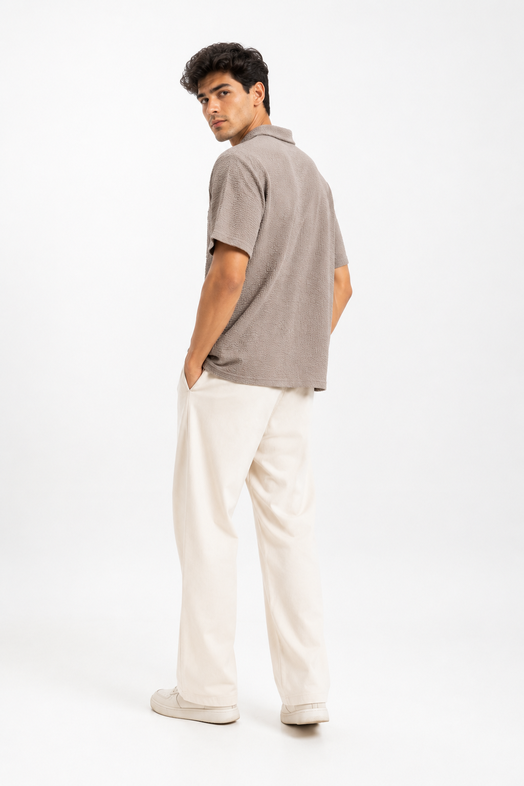 Men’s Mushroom Brown Textured Short-Sleeve  Boxy Fit Shirt