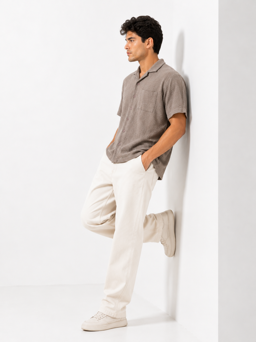 Men’s Mushroom Brown Textured Short-Sleeve  Boxy Fit Shirt