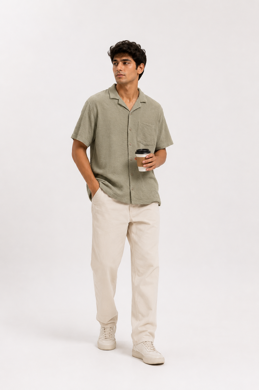 Olive Sage Textured Cuban Collar Boxy Fit Shirt