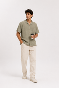 Olive Sage Textured Cuban Collar Boxy Fit Shirt