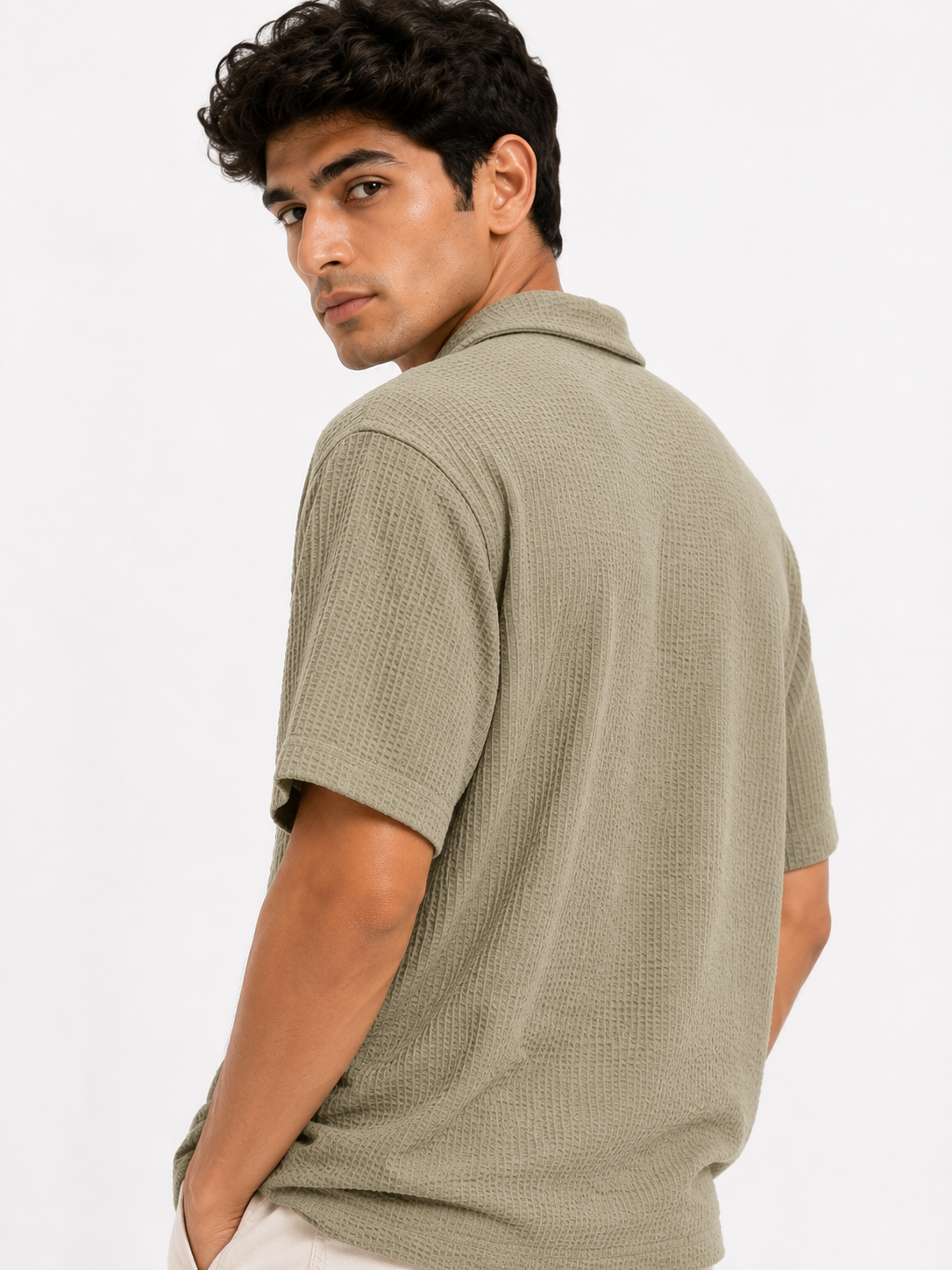 Olive Sage Textured Cuban Collar Boxy Fit Shirt