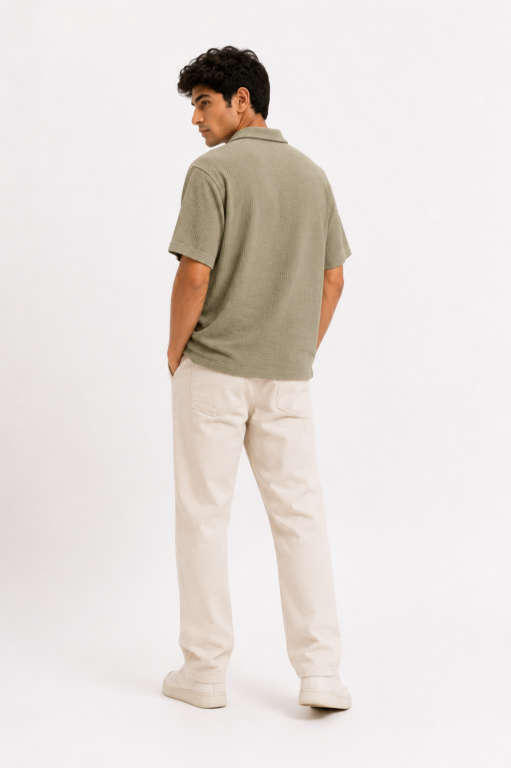 Olive Sage Textured Cuban Collar Boxy Fit Shirt