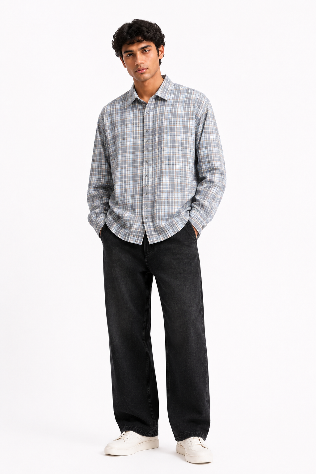 Premium Light Blue & Grey Checked Long Sleeve Casual Shirt for Men