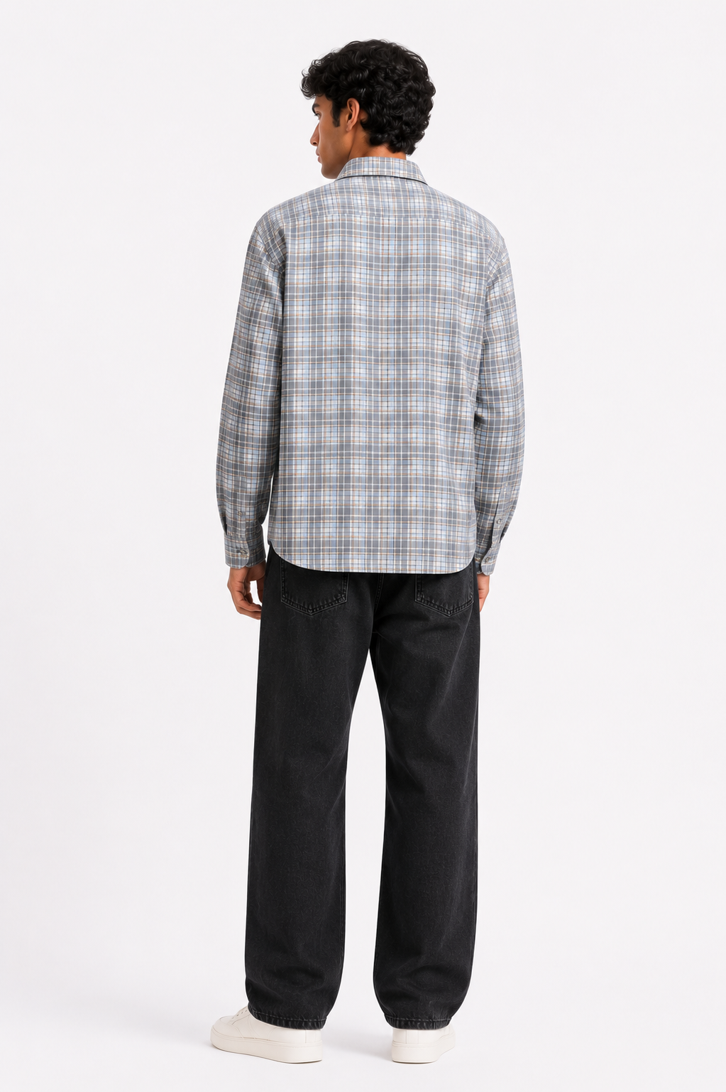 Premium Light Blue & Grey Checked Long Sleeve Casual Shirt for Men