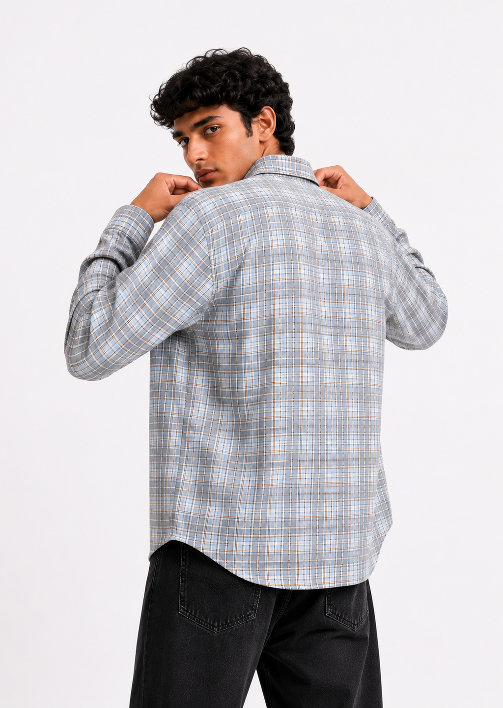 Premium Light Blue & Grey Checked Long Sleeve Casual Shirt for Men