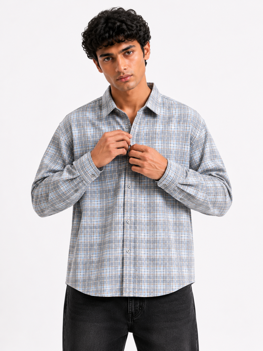 Premium Light Blue & Grey Checked Long Sleeve Casual Shirt for Men