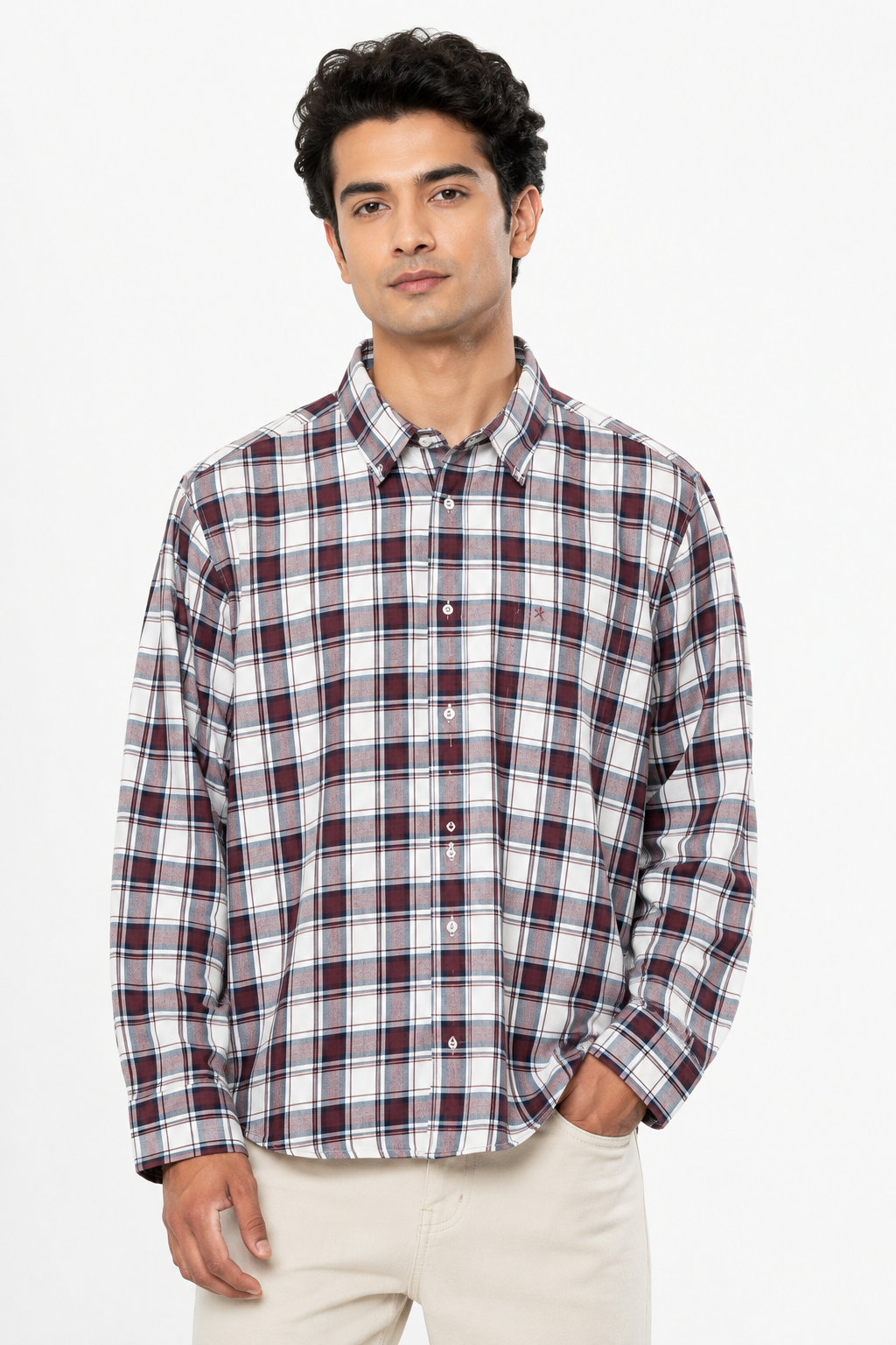 Men’s Maroon & Navy Plaid Checked Button-Down Long-Sleeve Shirt