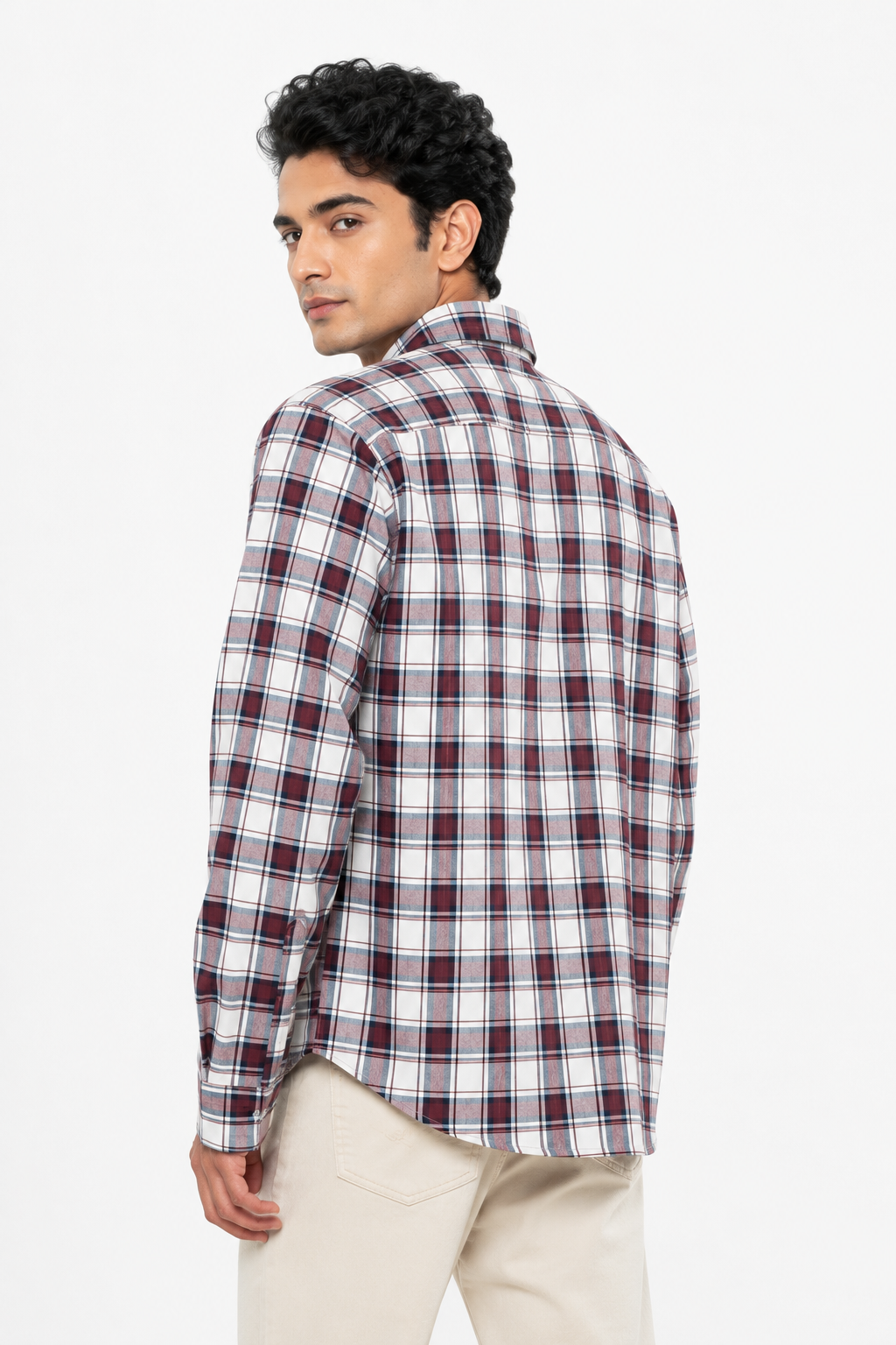 Men’s Maroon & Navy Plaid Checked Button-Down Long-Sleeve Shirt