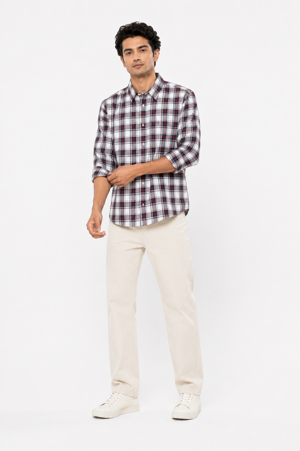 Men’s Maroon & Navy Plaid Checked Button-Down Long-Sleeve Shirt