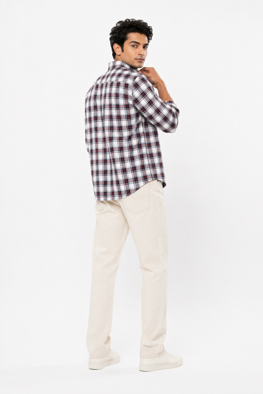 Men’s Maroon & Navy Plaid Checked Button-Down Long-Sleeve Shirt
