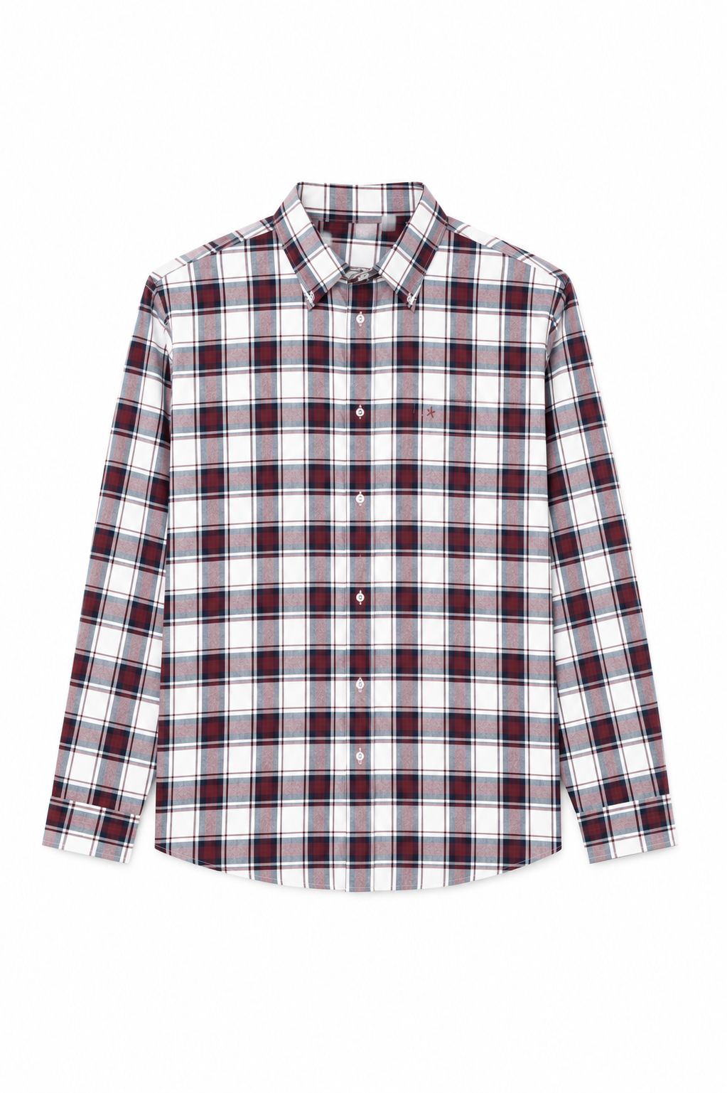 Men’s Maroon & Navy Plaid Checked Button-Down Long-Sleeve Shirt